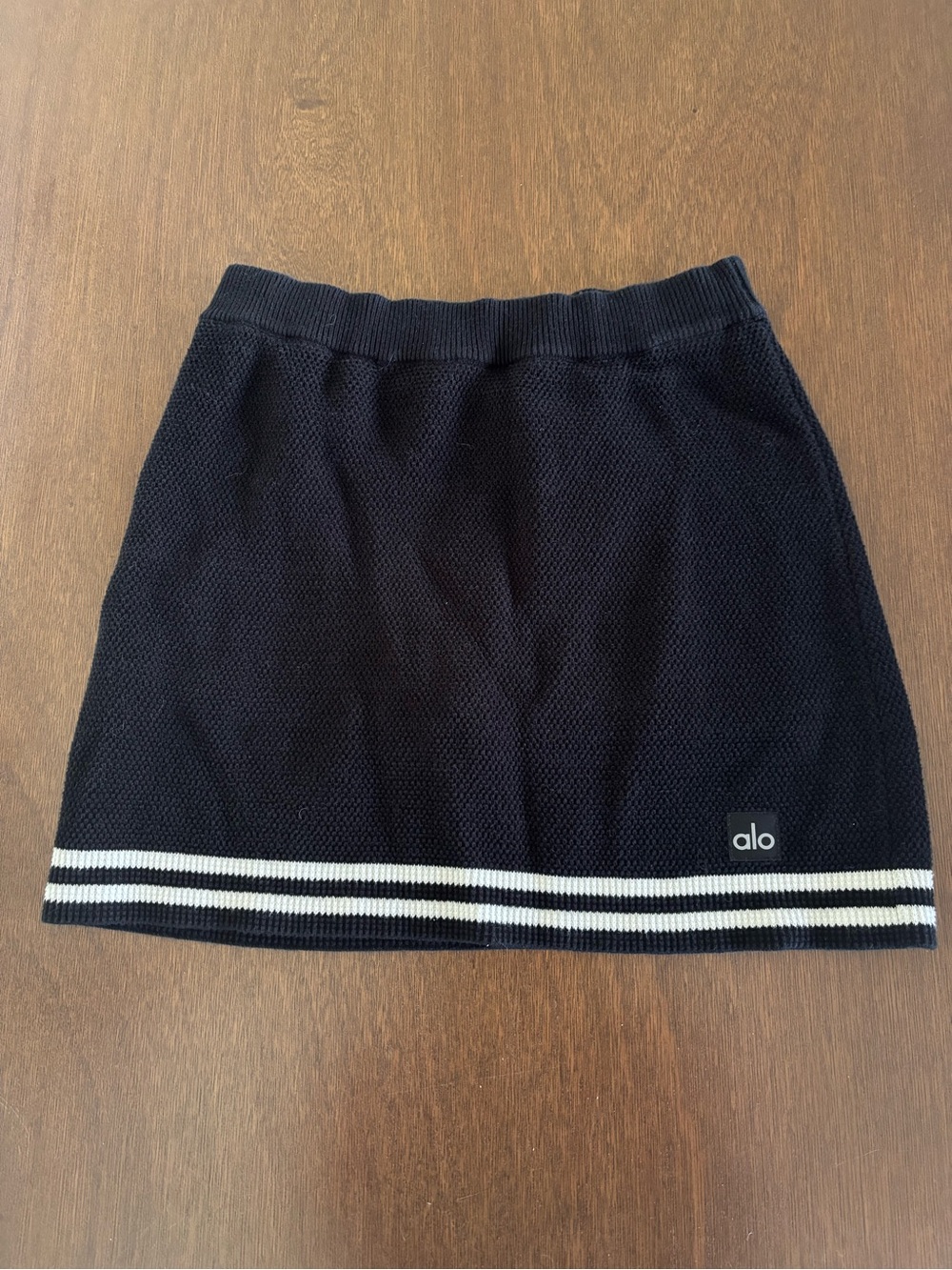 ALO Yoga Black Knit Mini Skirt with White Hem Stripes